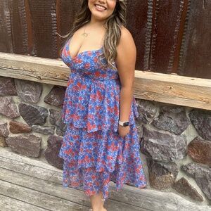 Lulus Adorable Obsession Blue Floral Print Lurex Tiered Midi Dress